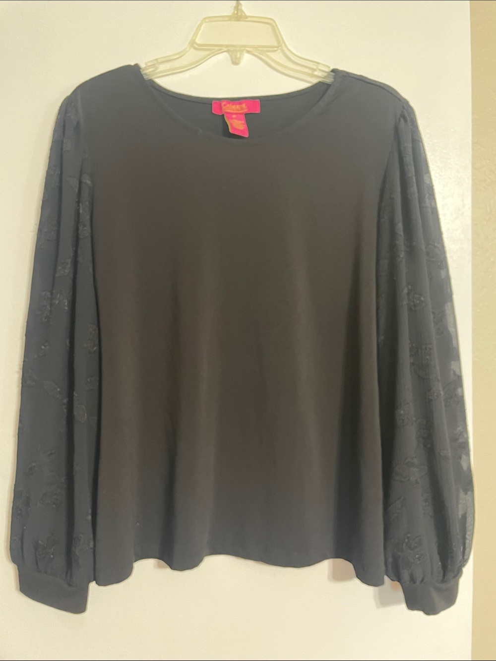 Catherine Malandrino Black Long-Sleeve Top with Embroidered Sheer Sleeves